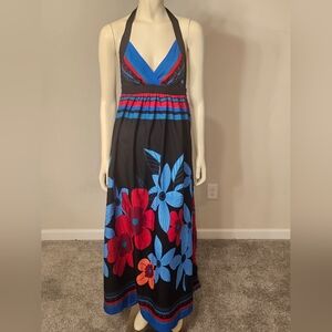 Zara Black Maxi Dress with Blue and Red Floral Design